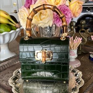 Elegant Green Croc-Embossed Bag with Bamboo Handle